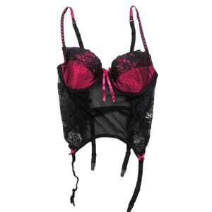 Vintage Hot Pink and Black Lace Polkadot Cup Sexy Corset 38C Lingerie